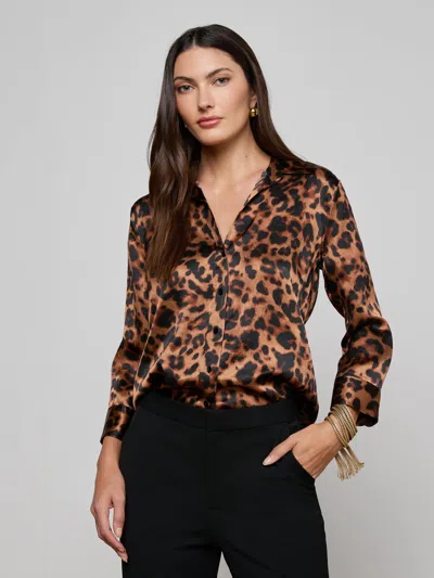 L'agence Dani Silk Three Quarter Sleeve Blouse In Brown