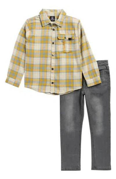 Volcom Kids' Flannel Button-up Shirt & Jeans Set In Multi