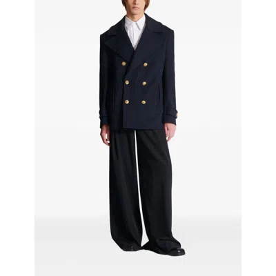 Balmain Merino Wool-blend Stripe Pea Coat In Blue