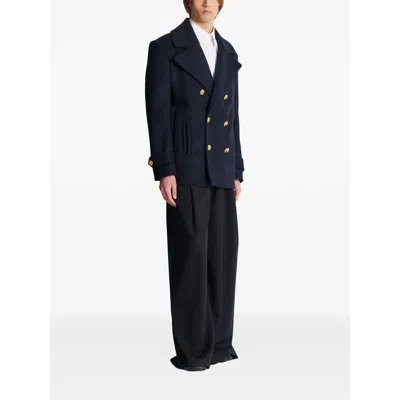 Balmain Merino Wool-blend Stripe Pea Coat In Blue