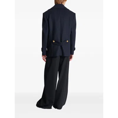 Balmain Merino Wool-blend Stripe Pea Coat In Blue