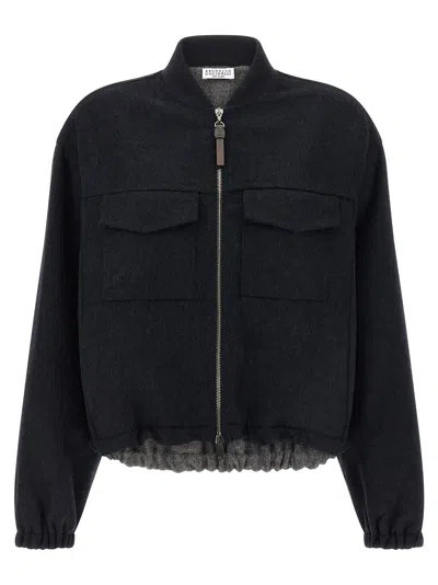 Brunello Cucinelli Midnight Blue Wool Bomber Jacket In Blue