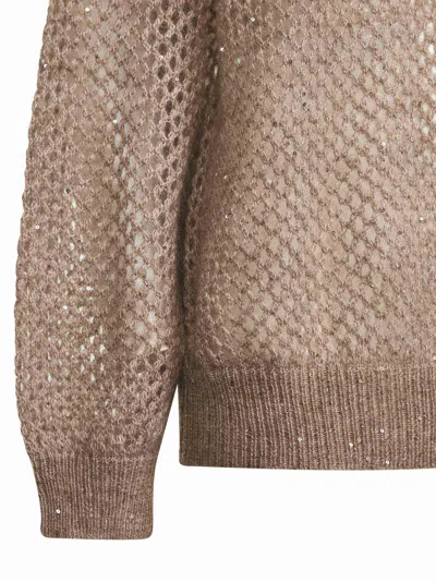 Brunello Cucinelli Brown Dazzling Mesh Crewneck Sweater In Multi