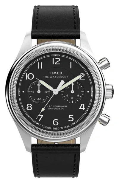 Timex ® Waterbury Metropolitan Chronograph Leather Strap Watch, 41mm In Black