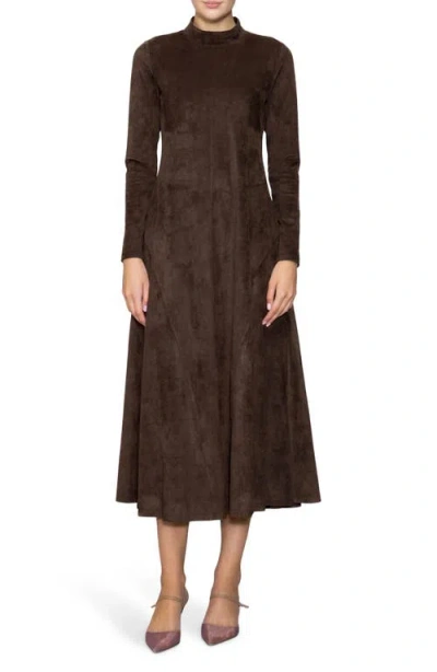 Melloday Long Sleeve Faux Suede A-line Dress In Brown