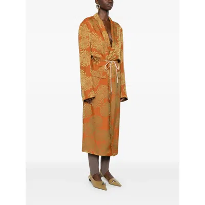 Dries Van Noten Drawstring-waist Patterned Coat In Orange