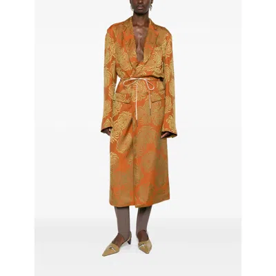 Dries Van Noten Drawstring-waist Patterned Coat In Orange