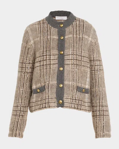 Brunello Cucinelli Cashmere-mohair Paillette Check Jacquard Cardigan In Brown