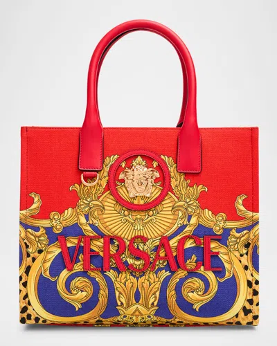 Versace La Medusa Small Printed Canvas Tote Bag In Red