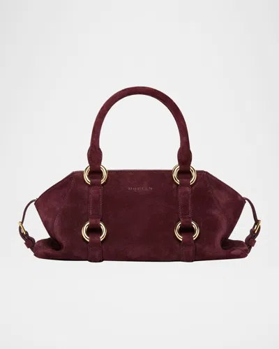 Alexander Mcqueen Farringdon Small Elongated Suede Shoulder Bag In Burgundy