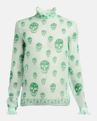 Alexander Mcqueen Men's Silk Chiffon Skull Ruffle-trim Long-sleeve Shirt In Green