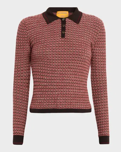 Guest In Residence Chevron Pattern Cashmere Polo Sweater With Classic Collar In Pink