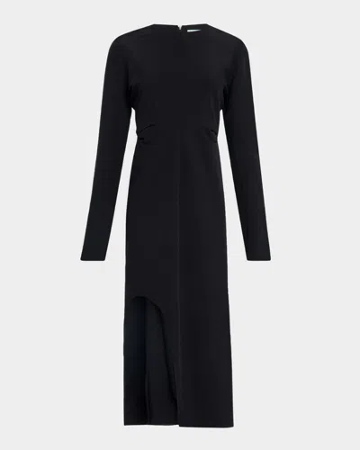Co Keyhole Slit Ruched Long-sleeve Midi Dress In Black