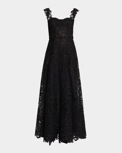Oscar De La Renta Sleeveless Foxglove Lace Sweetheart-neck Gown In Black