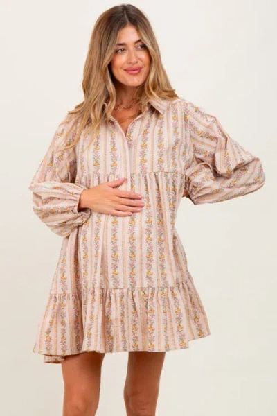 Pinkblush Floral Print Shirring Half Buttoned Shirt Dress In Neutral
