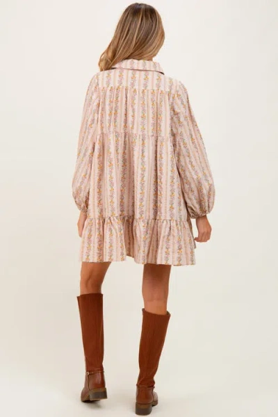 Pinkblush Floral Print Shirring Half Buttoned Shirt Dress In Neutral