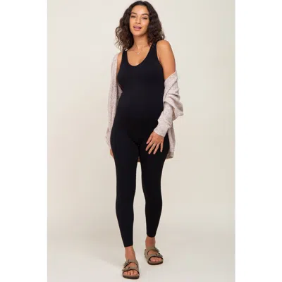 Pinkblush V-neck Seamless Ribbed Fitted Jumpsuit In Black