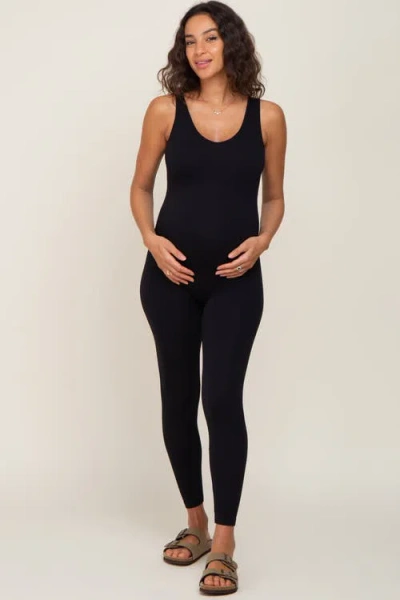 Pinkblush V-neck Seamless Ribbed Fitted Jumpsuit In Black