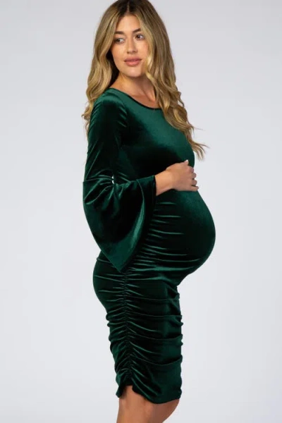 Pinkblush Velvet Ruched Bell Sleeve Maternity Dress In Green