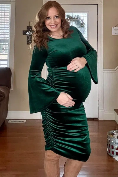 Pinkblush Velvet Ruched Bell Sleeve Maternity Dress In Green