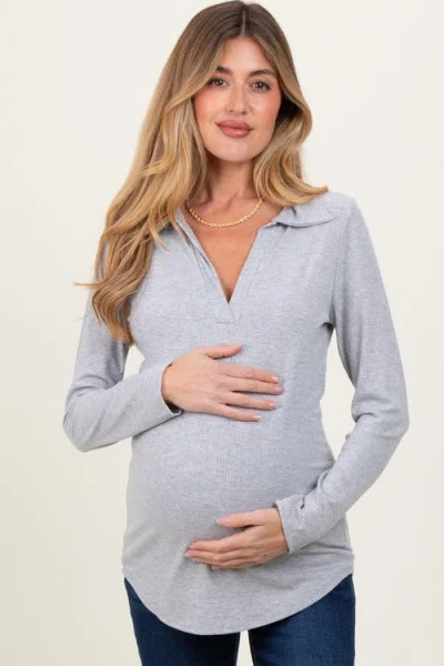 Pinkblush Ribbed Collared Long Sleeve Top In Gray