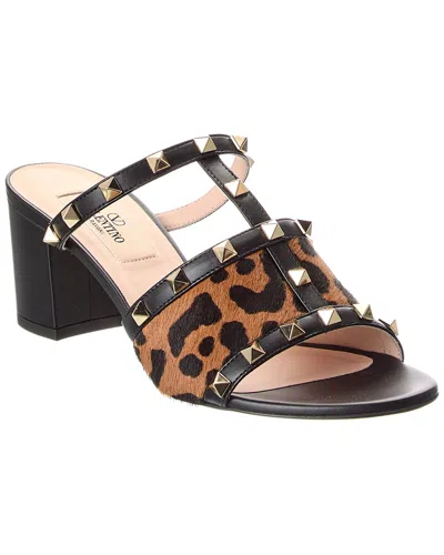 Valentino Animal Print Block Heel Open Toe Sandals In Black