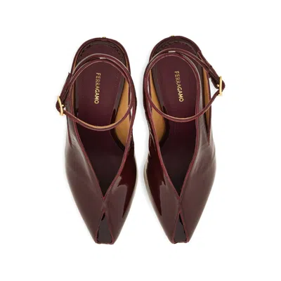 Ferragamo Peep Toe Wedge Sandals In Bordeaux In Brown