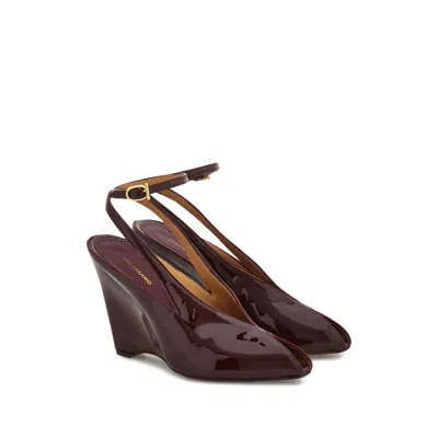 Ferragamo Peep Toe Wedge Sandals In Bordeaux In Brown