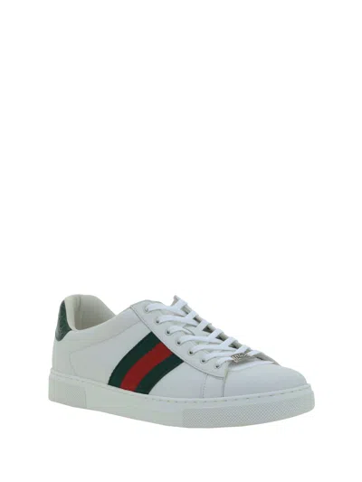 Gucci Ace Leather Sneakers With Lateral Web Band In White