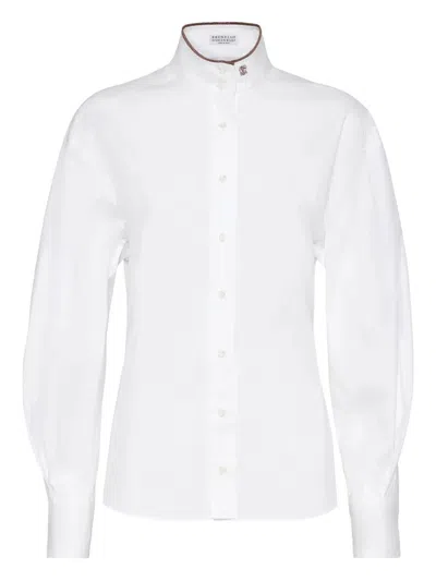 Brunello Cucinelli Stretch Cotton Poplin Shirt With Shiny Collar Detail In White