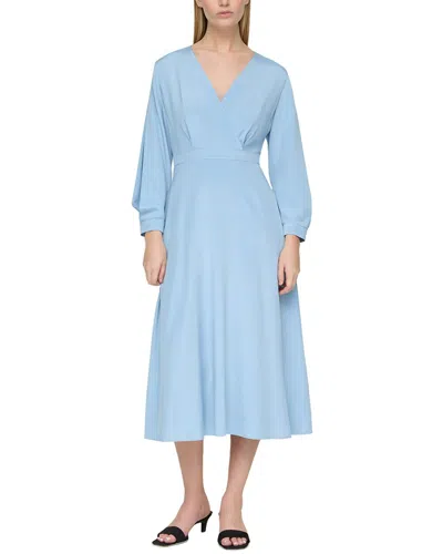 Lafayette 148 New York Lantern Sleeve Surplice Silk-blend Dress In Blue