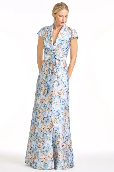 Sachin & Babi Etienne Floral-print Mikado Wrap Gown In Blue