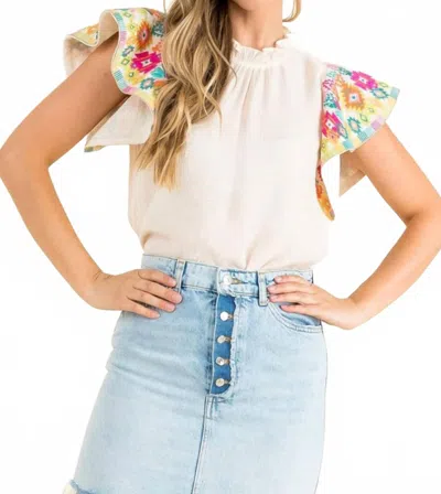 Thml Embroidered Ruffle Sleeves Top In Off-white Multi In Multi