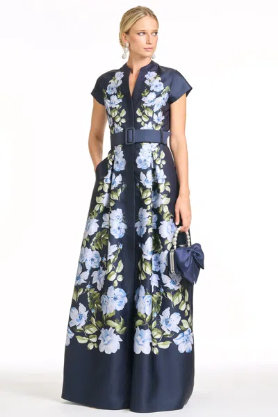 Sachin & Babi Marta Belted Floral-print Mikado Shirt Gown In Blue
