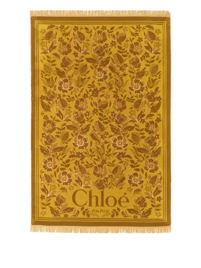 Chloé Cotton Toweling Scarf With Floral Jacquard Motif In Yellow