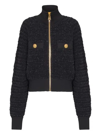 Balmain Textured Fabric Short Jacket With High Collar In Black