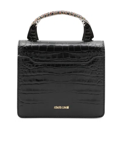 Roberto Cavalli Crocodile Texture Cross-body Bag With Chain Strap In Black