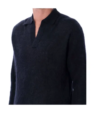 Auralee Long Sleeve Polo Sweater With Ribbed Cuffs And Hem In Blue