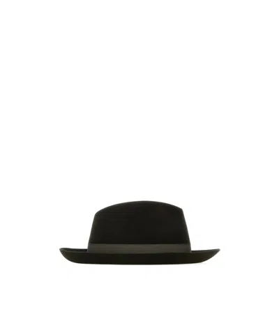 Borsalino Velour Hat With Wide Brim And Ribbon Band In Black