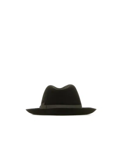 Borsalino Velour Hat With Wide Brim And Ribbon Band In Black