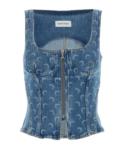 Marine Serre Moon Denim Bustier Top In Blue