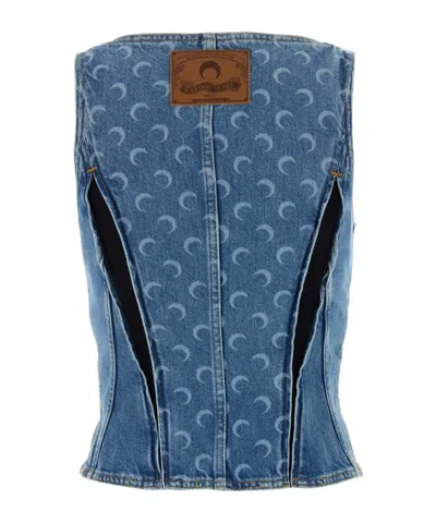 Marine Serre Moon Denim Bustier Top In Blue