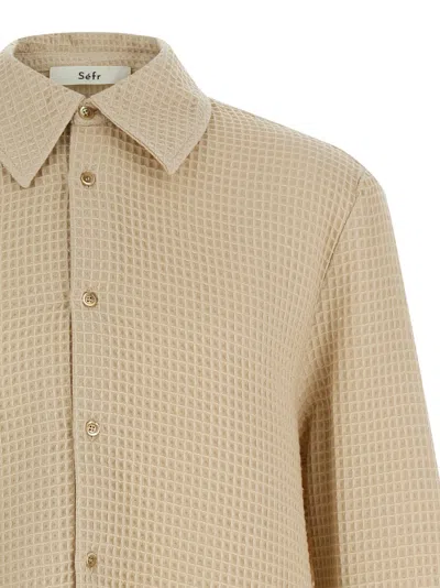 Séfr Sefr Waffle Knit Pointed Collar Button Closure Long Cuffed Sleeves Shirt In Neutral