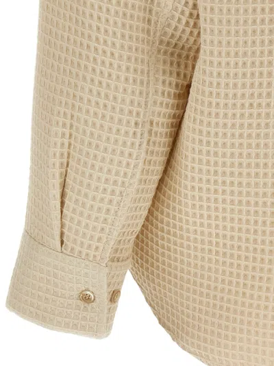 Séfr Sefr Waffle Knit Pointed Collar Button Closure Long Cuffed Sleeves Shirt In Neutral
