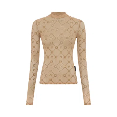 Pre-owned Marine Serre Moonogram Mesh Flock Long-sleeve Highneck Top 'camel' | Tan | Women's Size Xs In Brown