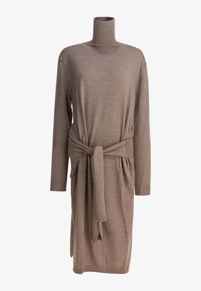 Lemaire Knit Midi Dress With Turtleneck And Belt In Brown