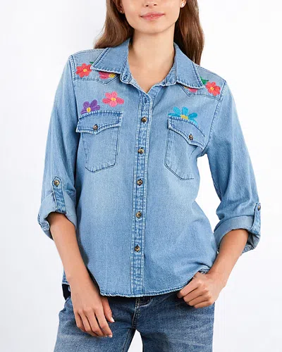 Billy T Happy Place Embrodiered Denim Button-up Shirt In Blue