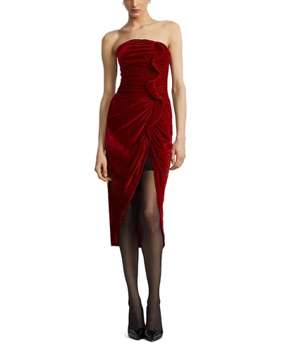 Bcbgmaxazria Strapless Velvet Ruffle Dress In Red