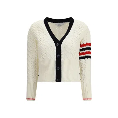 Thom Browne Textured Knit Cardigan Featuring Contrast Trim In Neutral