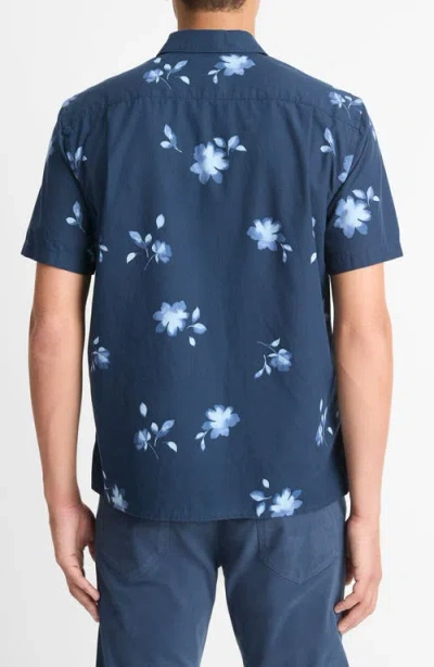 Vince Cascading Floral Short Sleeve Button-up Shirt In Blue